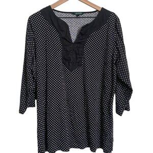 RALPH LAUREN BLK/WHT Polka Dot Split V-Neck 3/4 SLV Cotton Cottage/Work Tunic 2X